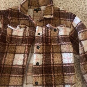 Almost Famous Brown and Tan Plaid Sherpa Jacket